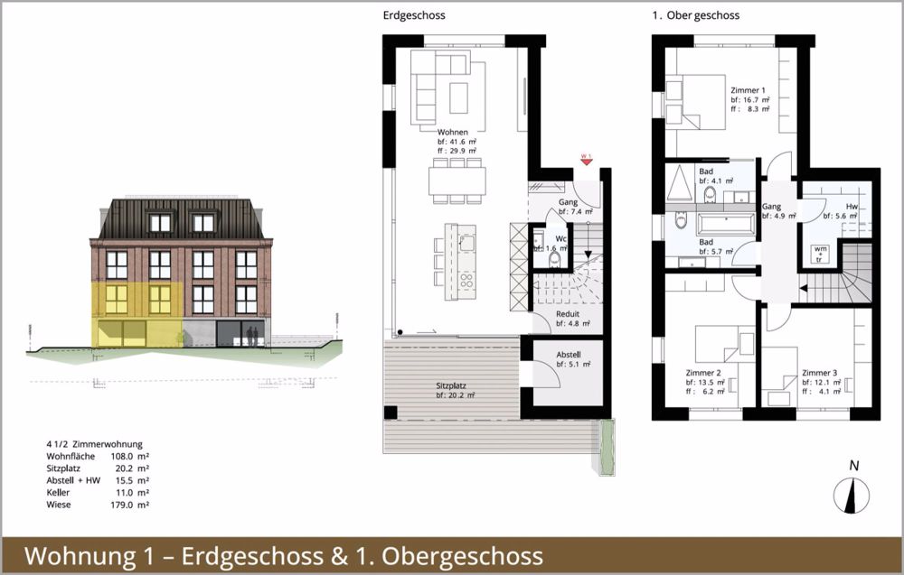 Grundriss Erdgeschoss-Maisonette-Wohnung Casa Wartegg