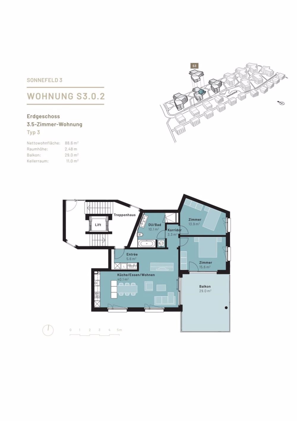 Grundriss 3.5 Zimmer-Wohnung Hochparterre S3.0.2